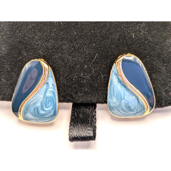 Unbranded Jewelry - Blue Marbled Enamel Clip On Earrings Gold Tone Abstract Retro 1in